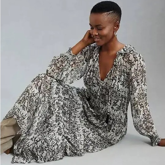 NWT Anthropologie The Marais Black/White/Grey Printed Chiffon Maxi Dress Size M - Picture 3 of 7